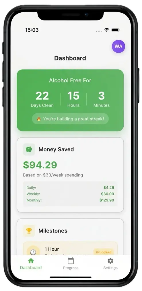 Alcohol Free Tracker app dashboard showing sobriety milestones